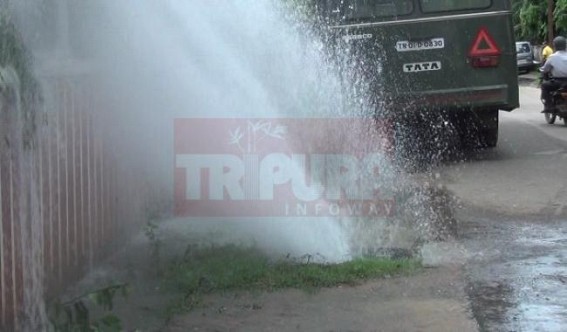 Pipe break waste gallons of water in Agartala city amidst acute crisis of water, authority least bothered for the replacement of the old water pipes, daily traffic movement highly disturbed Pipe break waste gallons of water in Agartala city amidst acute crisis of water, authority least bothered for the replacement of the old water pipes, daily traffic movement highly disturbed